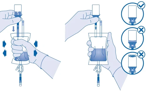 Istruzioni per la preparazione del farmaco: mani comprimono una sacca di liquido per mescolarne il contenuto, e un insieme di icone mostra lo stato corretto e scorretto del liquido