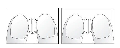Two schematic illustrations showing a close-up of two fingers from hands approaching each other to precisely grasp a small object
