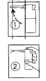 Diagram of device usage instructions: step 1 shows lifting the tip at an angle, step 2 illustrates hand holding the inhaler while spraying medication
