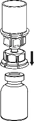 Schematic illustration showing the placement of the upper part of the device onto the neck of a glass vial, indicated by a downward-pointing arrow