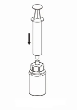 Schematic illustration showing a syringe plunger being pushed downward toward a vial containing medication, indicated by a black arrow