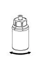 Schematic drawing of a white vial with a cap and a small stopper on top, with a black arrow below indicating rotational movement
