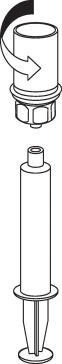 Schematic instruction showing the unscrewing of the upper part of a cylindrical medical device, indicated by a rotational arrow, along with a view of the complete device
