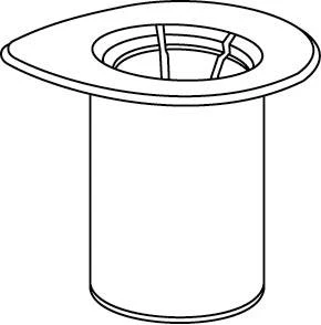 Czarno-biały rysunek techniczny cylindrycznego pojemnika z szerokim, płaskim kołnierzem i okrągłym otworem w górnej części z wewnętrznymi przegrodami