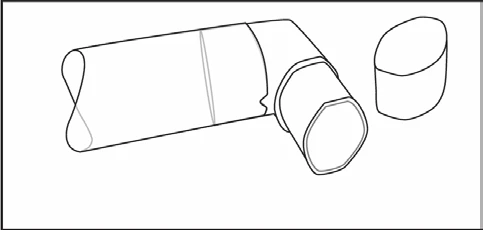 Schematic line drawing of an MDI inhaler with the plastic mouthpiece detached, shown on the right side