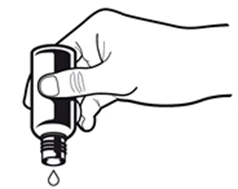 A black line depicts a hand holding a small bottle vertically, with a single drop of liquid falling from the tip of the cap