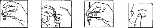 Cuatro dibujos que muestran sucesivamente: sostener el frasco, aplicar gotas oculares, sostener el frasco con una gota y tocar el ojo con el dedo