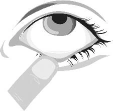 Close-up of a human eye with long eyelashes, beneath which an index finger points toward the lower eyelid
