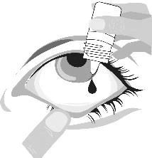 Close-up of a human eye with a drop of medication pouring directly onto the eye surface from a bottle, surrounded by hands holding the packaging
