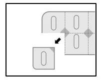 Schema che mostra la suddivisione di una grande compressa in parti più piccole, con tre compresse e una compressa separata, e una freccia che indica il processo di divisione