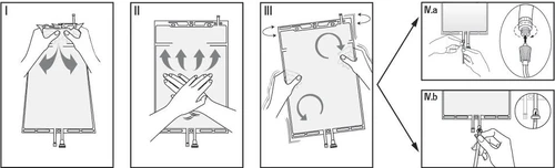 A series of instructional diagrams showing squeezing the medication bag, mixing by gentle rotation, and preparing the administration set connector