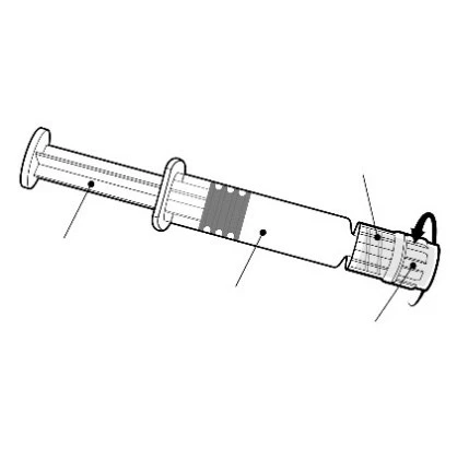 Schematic drawing of a syringe with a plunger, indicated fluid level, and lines pointing to individual parts of the medical device