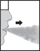 A human face in profile with open mouth, emitting a dense aerosol cloud directed to the right, indicated by a black arrow