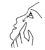 Black and white drawing of a woman's facial profile, with the index finger touching the nose and area below the eye for medication application
