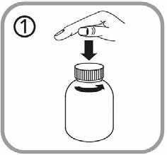 Hand with index finger pressing down on the cap of a medicine bottle, a downward arrow and a curved arrow indicating unscrewing motion