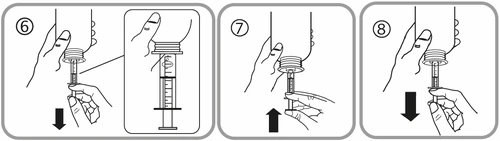 Three diagrams showing hands operating a syringe: step 6 pressing the plunger down, step 7 pulling the plunger up, step 8 pressing the plunger down again