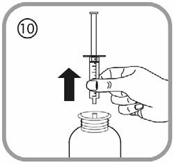 Hand holding a syringe with a black arrow pointing upward, indicating withdrawal of the needle from the medicine vial
