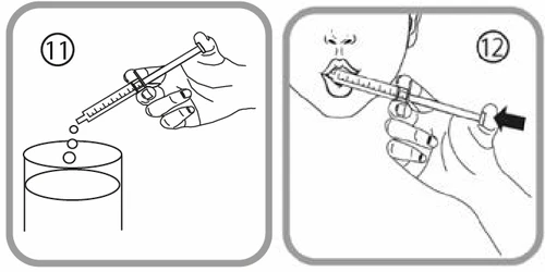 Instructional diagram: step 11 shows dispensing drops from a pipette into a container, step 12 shows administering liquid orally using a pipette