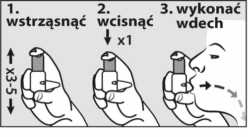 Three diagrams showing inhaler use: 1. shaking with hand, 2. pressing the device once, 3. inhaling through the mouth with airflow direction indicated
