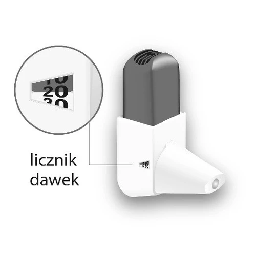 Close-up of a black-and-white inhaler showing a dose counter window displaying numbers 10, 20, and 30 on a white background