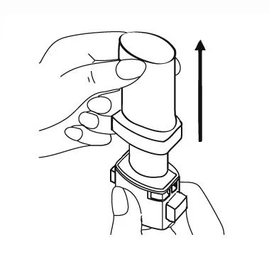 Hand holding an inhaler with a black arrow pointing upwards, indicating the motion of separating the upper part of the device from the base