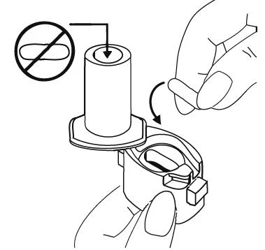 Hands holding a medical device, an arrow pointing to the upper part and a crossed-out symbol prohibiting contact with the top of the cylinder