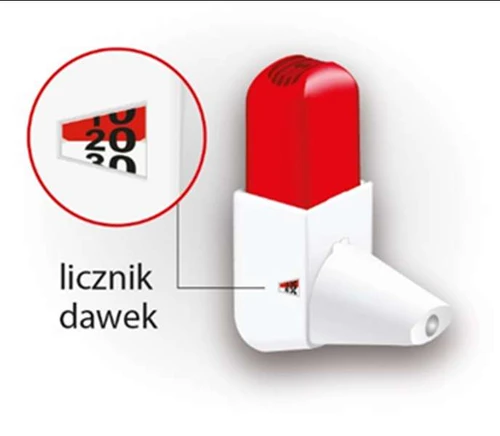 White inhaler with a red button and a close-up showing the dose counter with numbers 10, 20, and 30 on a white background