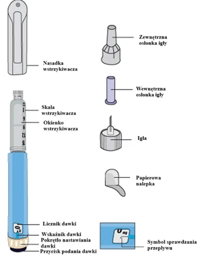 Schematic diagram of an injector with labeled parts: nozzle, scale, window, counter, indicator, button, needle, and outer and inner needle shields