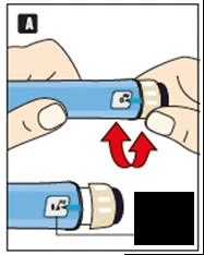 Hands holding a blue injector; red arrows indicate the motion of unscrewing the device tip to prepare it for drug administration