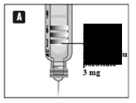 Close-up of a syringe containing liquid, with a division line indicating the remaining drug dose of 3 mg and a visible needle at the bottom