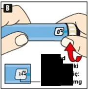 Hands holding a blue auto-injector; a red arrow indicates rotational movement of the cap to prepare the device for use