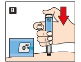 A hand holding a blue injector vertically against the skin; a red arrow indicates downward movement, and an inset shows the number 0 on the display