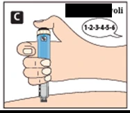 A hand holding a blue injector vertically above the arm skin, with a speech bubble next to the fingers showing the number sequence 1-2-3-4-5-6