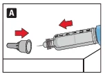 A syringe with needle and a separated unscrewed cap, indicated by red arrows suggesting the motion of attaching the component onto the needle