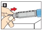 Hands holding a gray injector with a blue tip; a red arrow indicates the direction of moving the device to the right