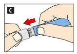 Two hands holding blue and white components; a red arrow indicates the direction of twisting parts together to connect them