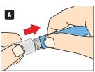 Two hands holding a blue injector, with a red arrow indicating the direction of twisting or unscrewing the upper part of the device