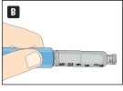 Close-up of a hand holding a blue-gray injector showing the milliliter scale on the housing against a white background