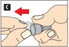 Two hands holding and moving a gray cap component to the left, indicated by a red arrow next to the letter C