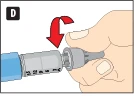 A hand screwing a gray cap onto the tip of a blue-white injector, indicated by a rotational movement shown with a red arrow