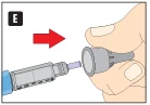 A hand bringing the gray dosing component closer to the injector tip, indicated by a movement direction shown with a red arrow