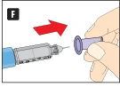 A hand placing a purple needle shield onto the injector needle, sliding it to the right according to a red arrow indicating the direction of movement