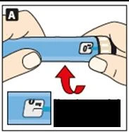 Hands holding a blue injector with a white tip; a red arrow indicates rotational movement of the device to prepare it for use
