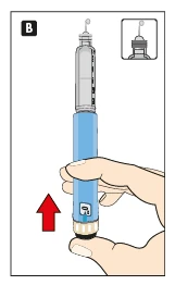 A hand holding a blue injector with a visible drop of medication on the needle and a red arrow indicating upward movement
