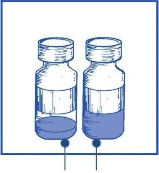 Two glass vials with blue liquid inside, placed side by side on a white background, depicted with a blue schematic outline