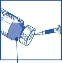 Blue illustration showing a syringe needle inserted into the rubber stopper of a vial containing medical fluid, on a light background