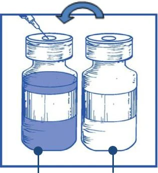 Syringe needle inserted into the stopper of a filled medication vial, with a blue arrow indicating the process of transferring liquid into an empty container beside it