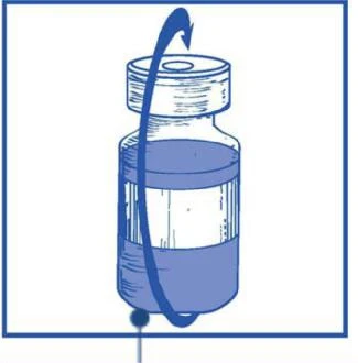 Blue icon of a glass vial with liquid, surrounded by a curved arrow indicating the direction of rotation to mix the contents