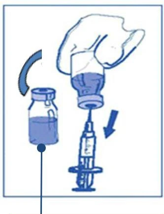 Hand holding a vial with liquid, syringe needle inserted into the vial's stopper, and blue arrows indicating the direction of movement and medication administration process