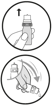 Dos instrucciones en blanco y negro que muestran una mano levantando el frasco verticalmente hacia arriba y una mano girando el frasco hacia abajo, del cual fluye una gota de líquido